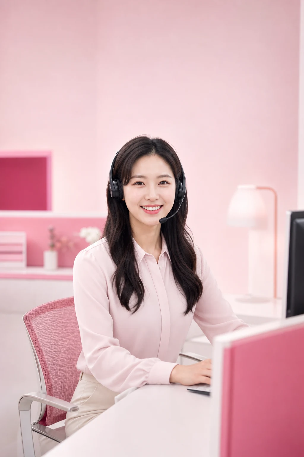 롯데카드 카드깡 다음머니 24시간 전화 문자 상담을 안내하는 헤드셋 여성 상담원 인물